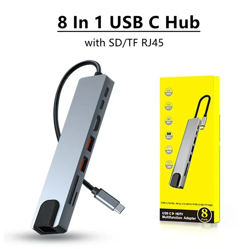 8 In 1 USB C Hub with RJ45 SD/TF Card Reader Type C 3.1 To 4K HD Adapter PD Fast Charge for MacBook Notebook Laptop Computer