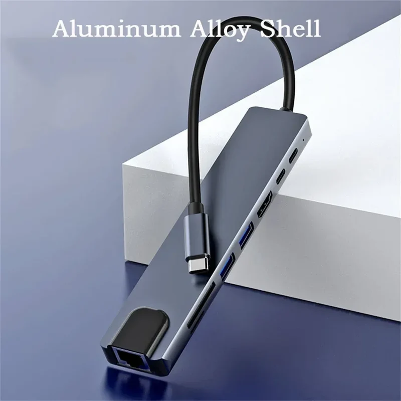8 In 1 USB C Hub with RJ45 SD/TF Card Reader Type C 3.1 To 4K HD Adapter PD Fast Charge for MacBook Notebook Laptop Computer