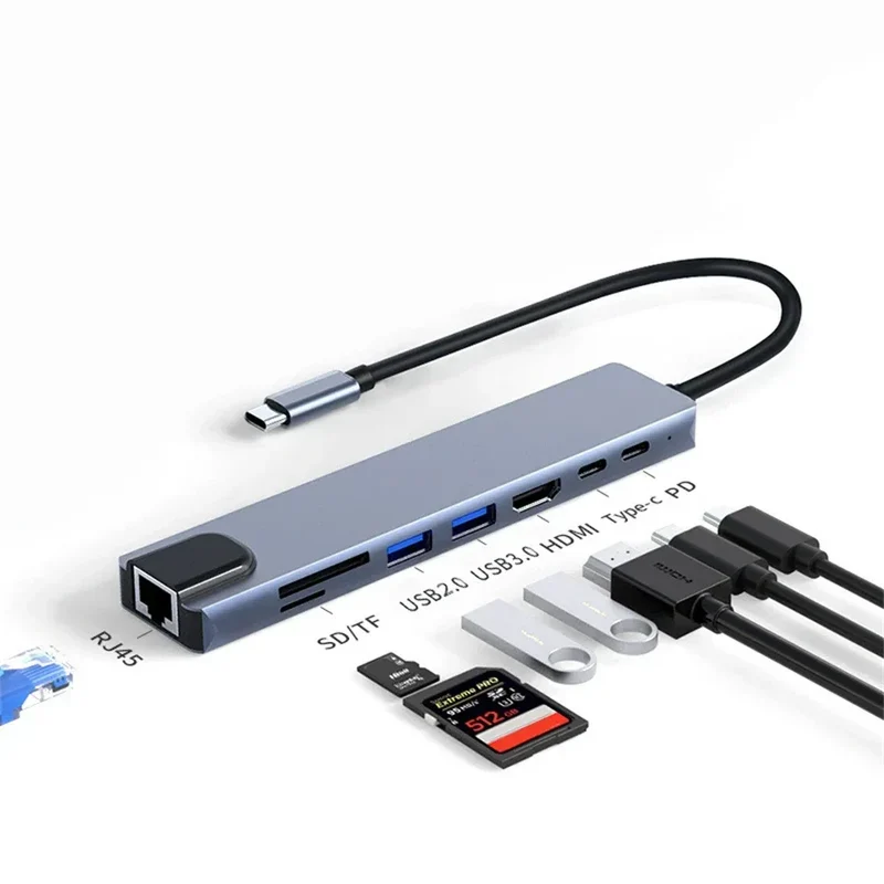 8 In 1 USB C Hub with RJ45 SD/TF Card Reader Type C 3.1 To 4K HD Adapter PD Fast Charge for MacBook Notebook Laptop Computer