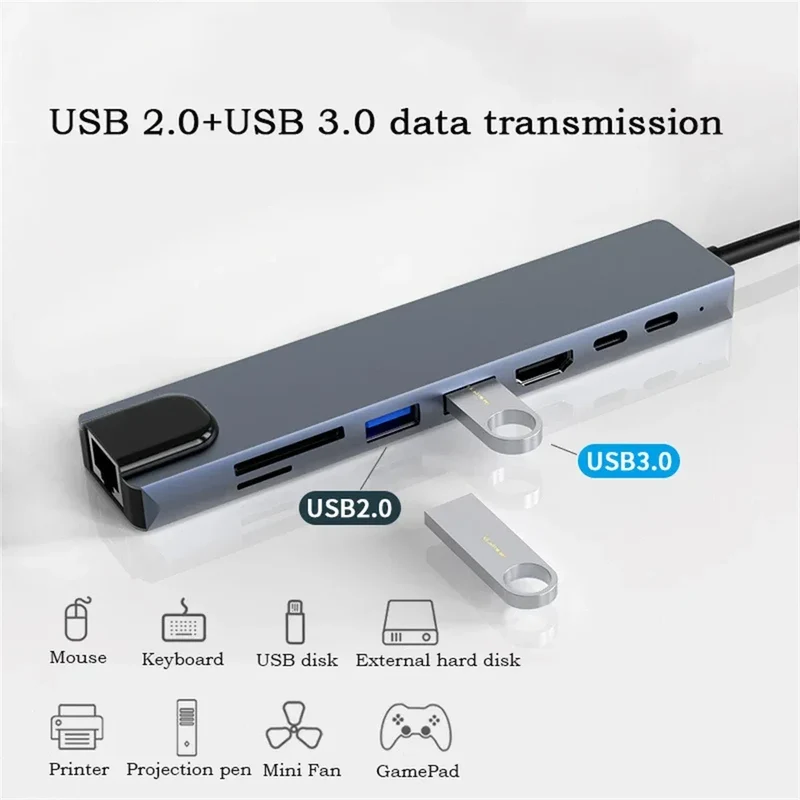 8 In 1 USB C Hub with RJ45 SD/TF Card Reader Type C 3.1 To 4K HD Adapter PD Fast Charge for MacBook Notebook Laptop Computer