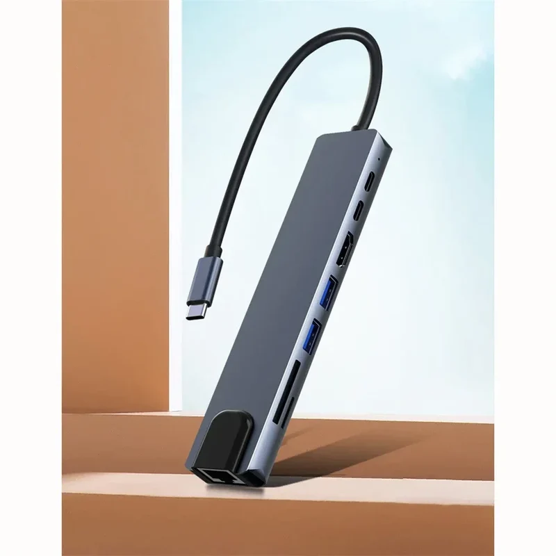 8 In 1 USB C Hub with RJ45 SD/TF Card Reader Type C 3.1 To 4K HD Adapter PD Fast Charge for MacBook Notebook Laptop Computer