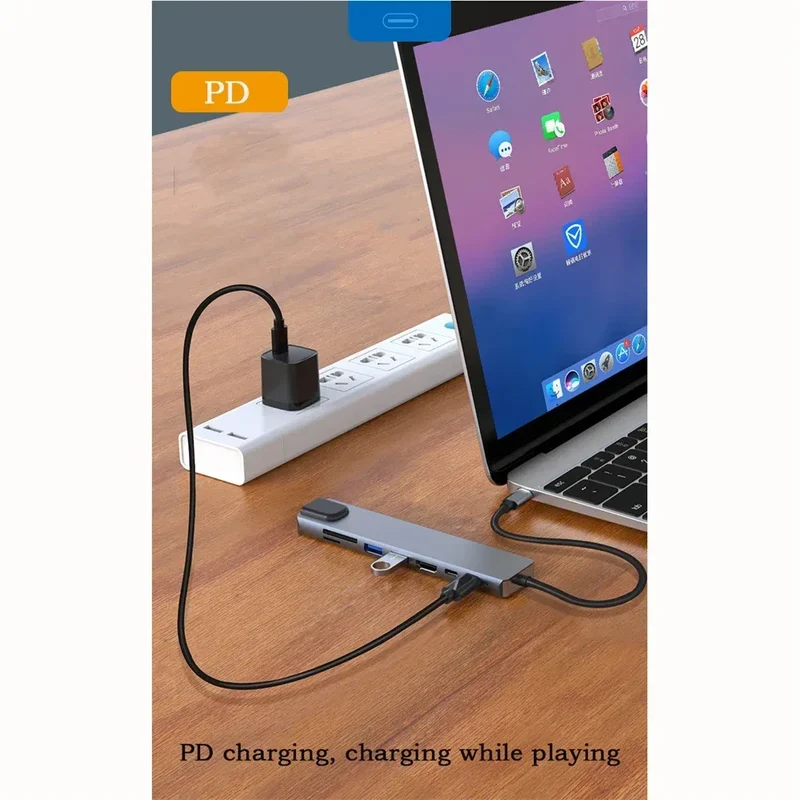 8 In 1 USB C Hub with RJ45 SD/TF Card Reader Type C 3.1 To 4K HD Adapter PD Fast Charge for MacBook Notebook Laptop Computer