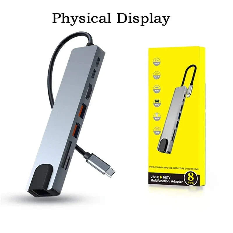 8 In 1 USB C Hub with RJ45 SD/TF Card Reader Type C 3.1 To 4K HD Adapter PD Fast Charge for MacBook Notebook Laptop Computer