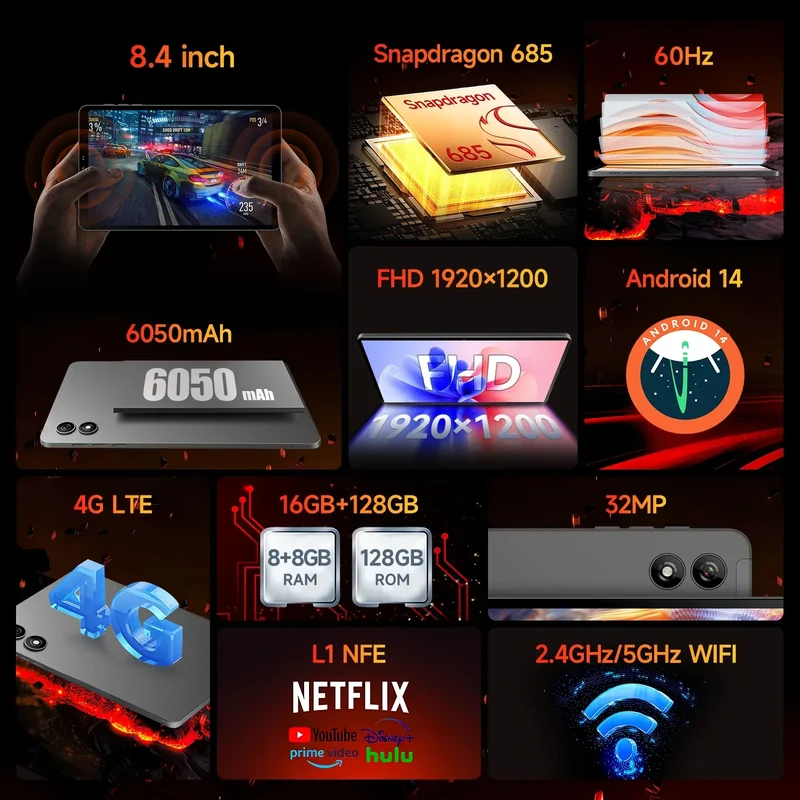 BNCF BPad Mini 8.4 inch Snapdragon SMD685 Tablet Android14 (8+8)GB RAM+128GB ROM 6050mAh Battery 4G LTE Widevine L1 2K IPS Tab