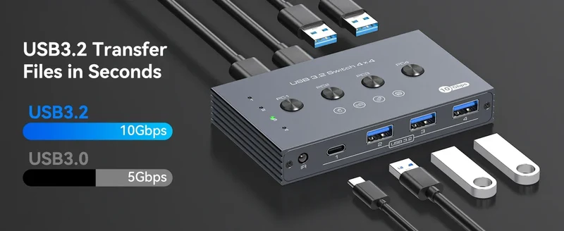 USB 3.2 Switcher KVM Switch Shared Controller Adapter 10Gbps Rate Support Fit Computer Laptop Mouse Keyboard Share 4 USB Ports