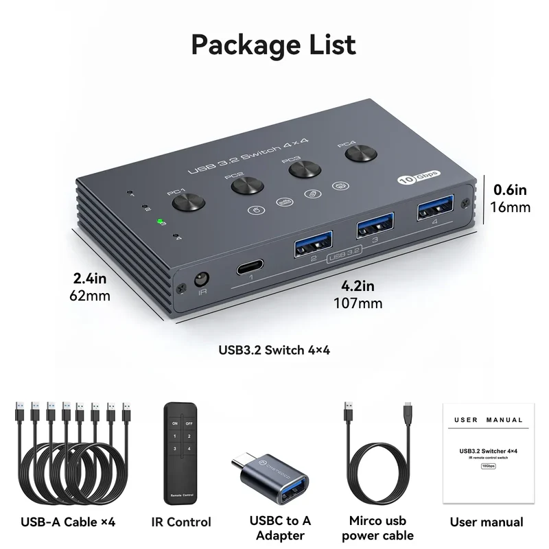 USB 3.2 Switcher KVM Switch Shared Controller Adapter 10Gbps Rate Support Fit Computer Laptop Mouse Keyboard Share 4 USB Ports