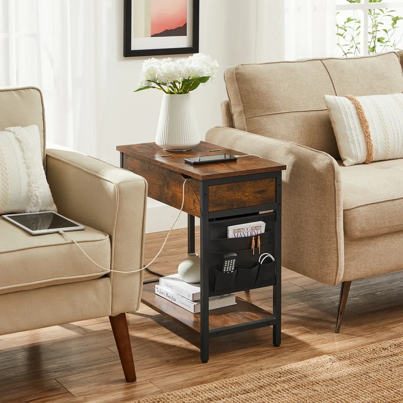 VASAGLE side table (1-St) sockets and USB ports, folding tabletop