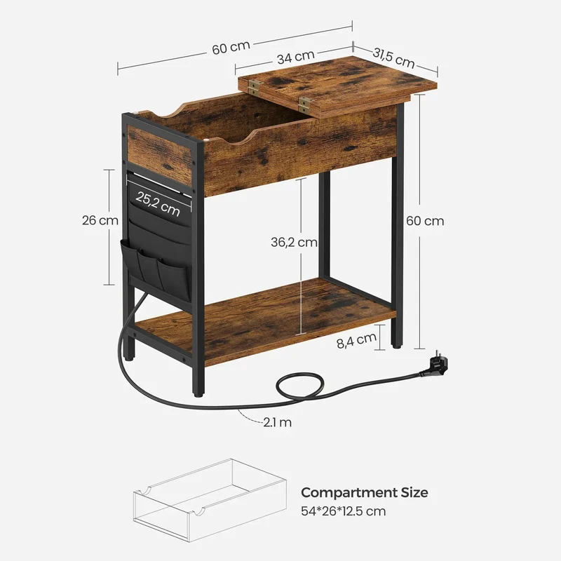 VASAGLE side table (1-St) sockets and USB ports, folding tabletop