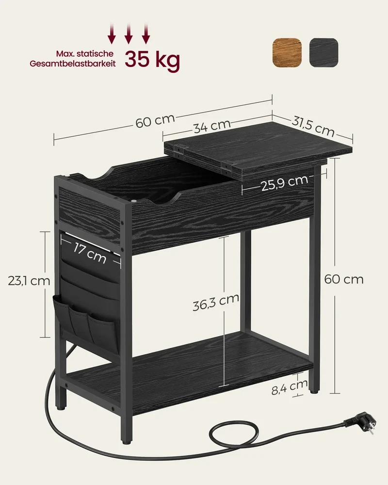 VASAGLE side table (1-St) sockets and USB ports, folding tabletop