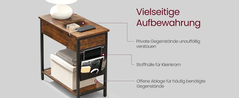 VASAGLE side table (1-St) sockets and USB ports, folding tabletop