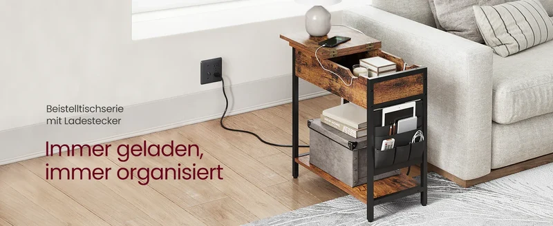 VASAGLE side table (1-St) sockets and USB ports, folding tabletop