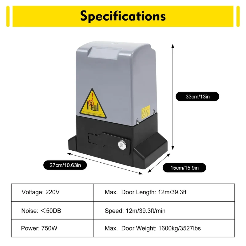 750W Sliding Electric Gate Opener Max 1600kg 1400RPM Silent Automatic Electric Motor Kit With Remote Control & Keys