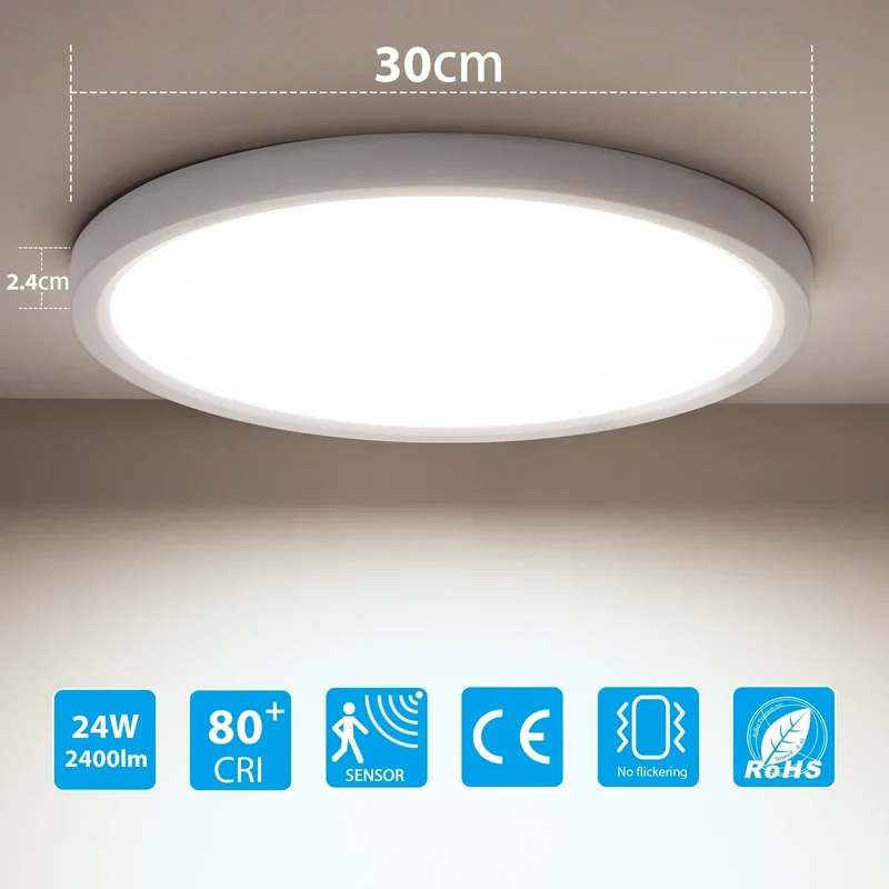 Oeegoo 24W LED Ceiling Light with Radar Motion Sensor, 2400 LM LED Lamp with Motion Sensor Indoor Round, 4000K, φ30CM