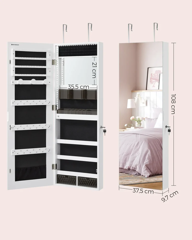SONGMICS Jewelry Cabinet with LED Lighting, Mirror Cabinet, jewelry Organizer Wall Cabinet with Full-length Mirror
