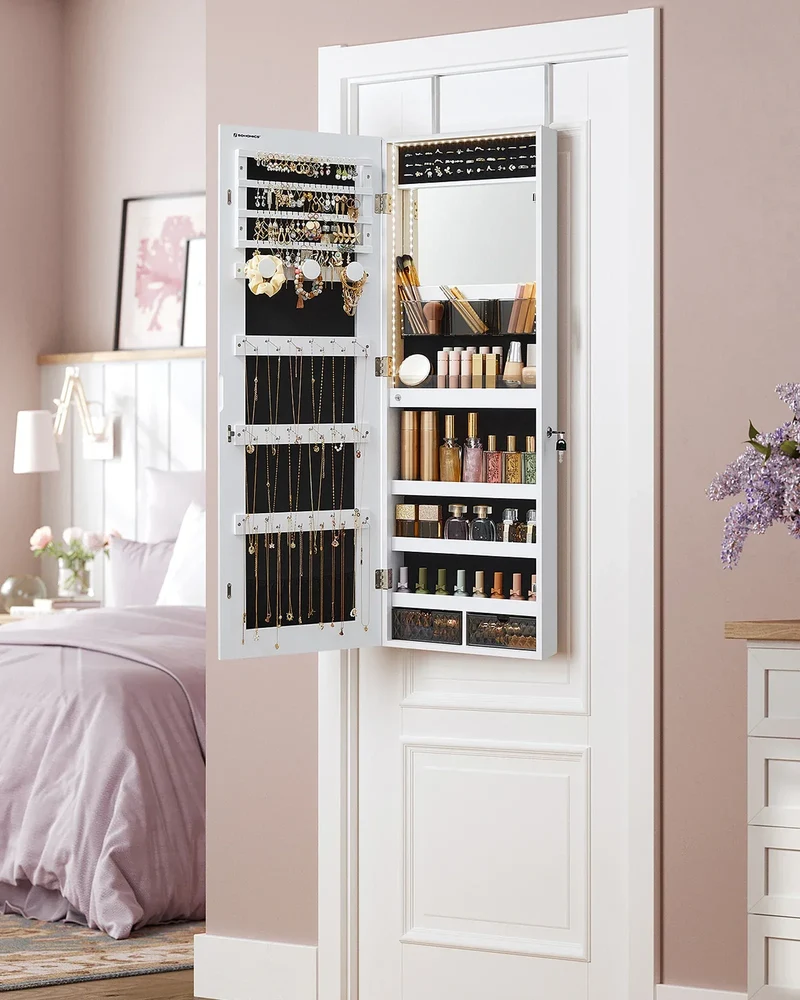 SONGMICS Jewelry Cabinet with LED Lighting, Mirror Cabinet, jewelry Organizer Wall Cabinet with Full-length Mirror