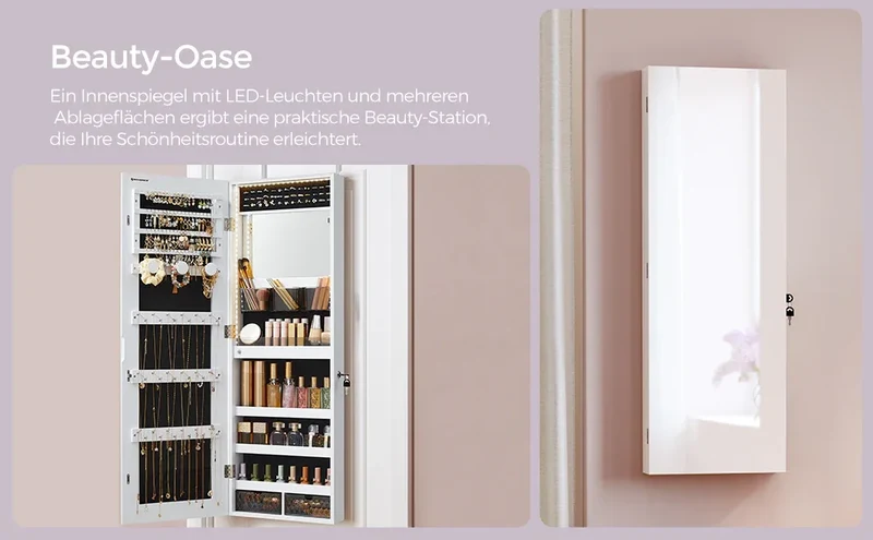 SONGMICS Jewelry Cabinet with LED Lighting, Mirror Cabinet, jewelry Organizer Wall Cabinet with Full-length Mirror