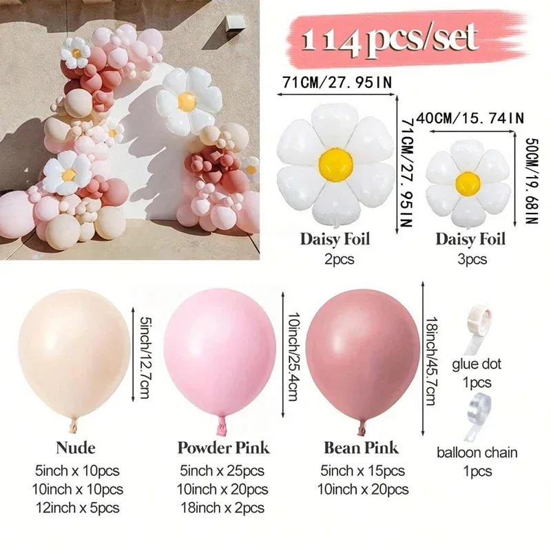 114pcs Daisy Balloon Wreath Arch Kit -Valentine's Day , Wedding , Birthday , Anniversary , Party Decoration Supplies
