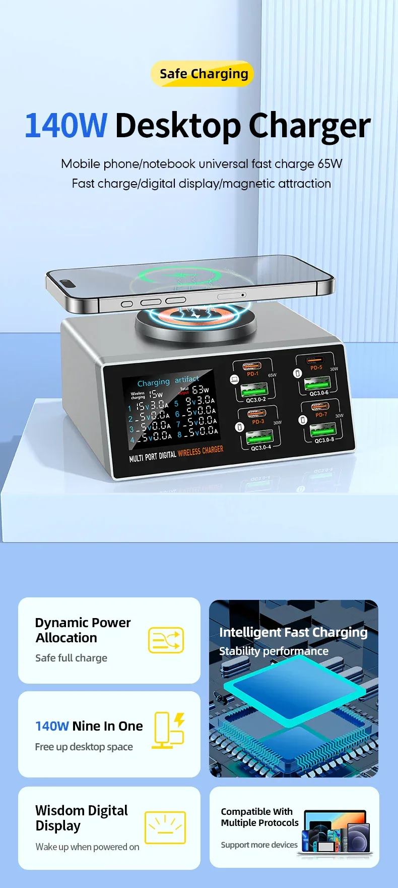 New 140W Multi-Function Charger Wireless Charger 8-Port PD+QC USB Type-C Quick Charger Home Travel Office Convenient