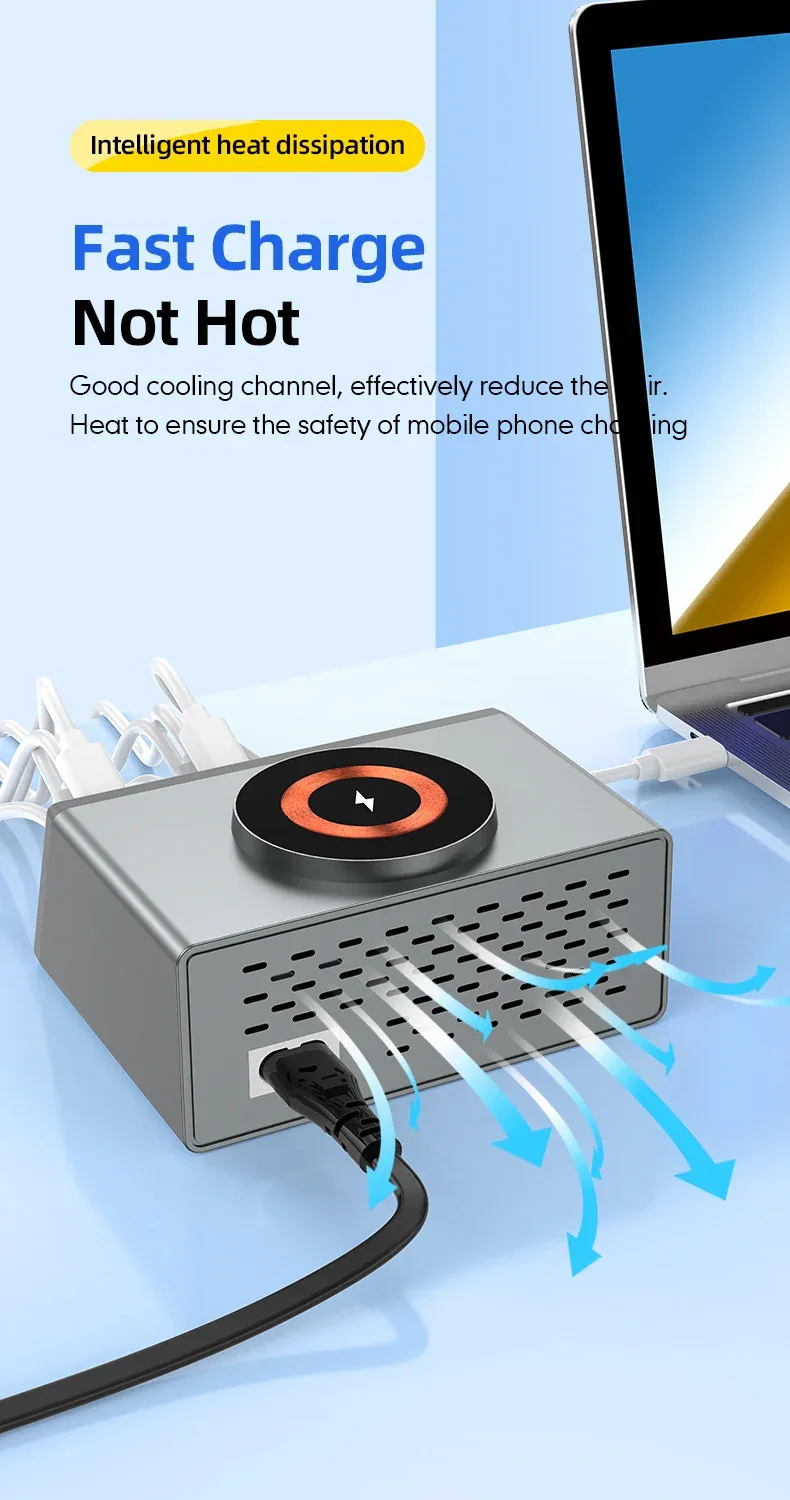 New 140W Multi-Function Charger Wireless Charger 8-Port PD+QC USB Type-C Quick Charger Home Travel Office Convenient