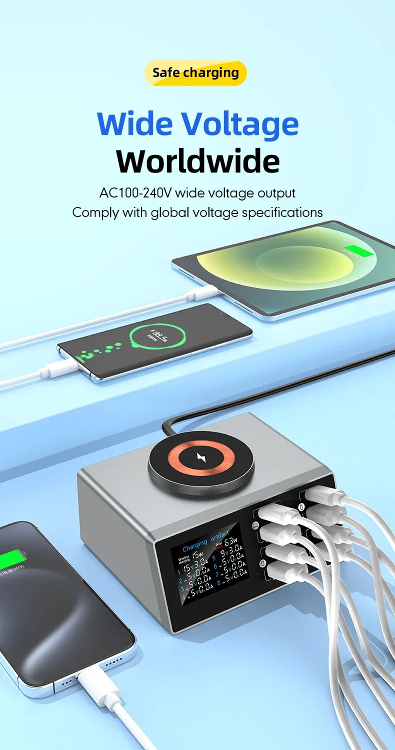 New 140W Multi-Function Charger Wireless Charger 8-Port PD+QC USB Type-C Quick Charger Home Travel Office Convenient