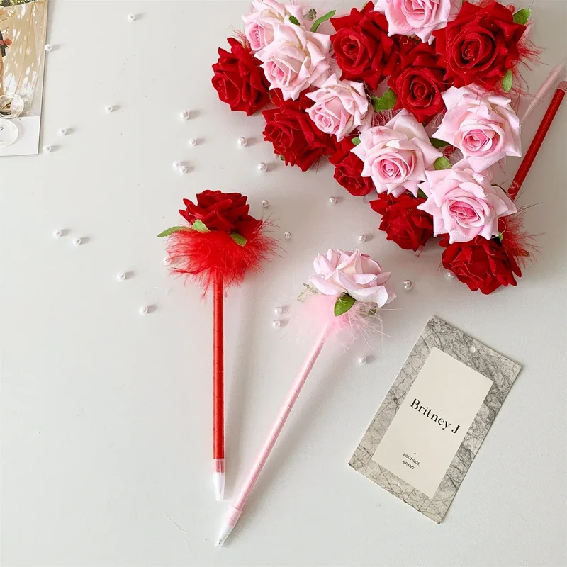 10pcs/set Simulated Rose Shaped Ballpoint Pen Valentine's Day Desktop Decoration Supplies Student Writing Supplies Set