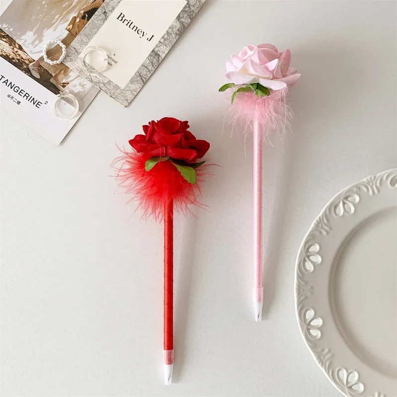 10pcs/set Simulated Rose Shaped Ballpoint Pen Valentine's Day Desktop Decoration Supplies Student Writing Supplies Set