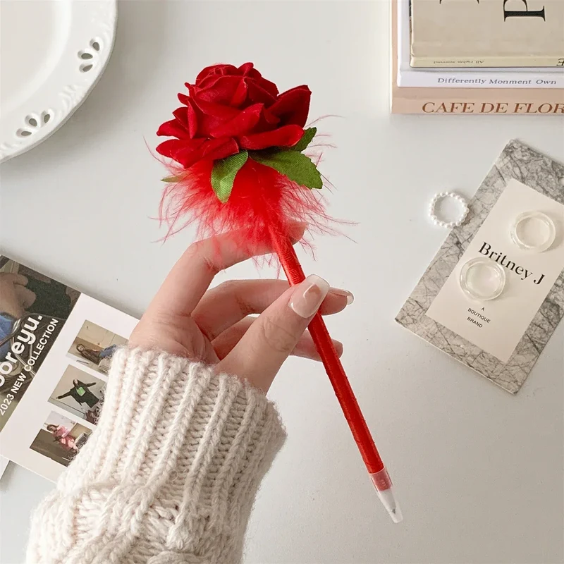 10pcs/set Simulated Rose Shaped Ballpoint Pen Valentine's Day Desktop Decoration Supplies Student Writing Supplies Set