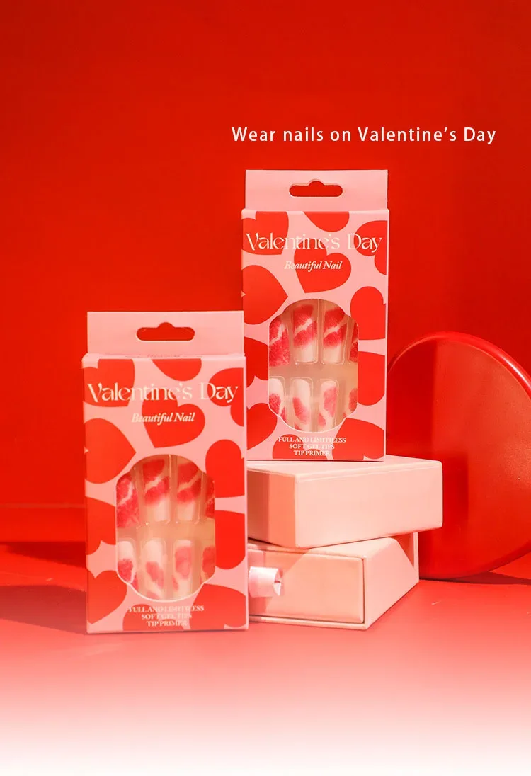 Romantic Red Lips Valentine's Day Wearable Fake Nails Frosted White Detachable Finished False Nails Press on Nails with Glue