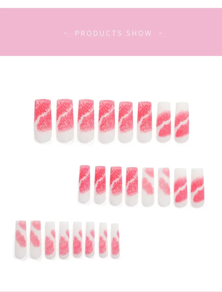 Romantic Red Lips Valentine's Day Wearable Fake Nails Frosted White Detachable Finished False Nails Press on Nails with Glue
