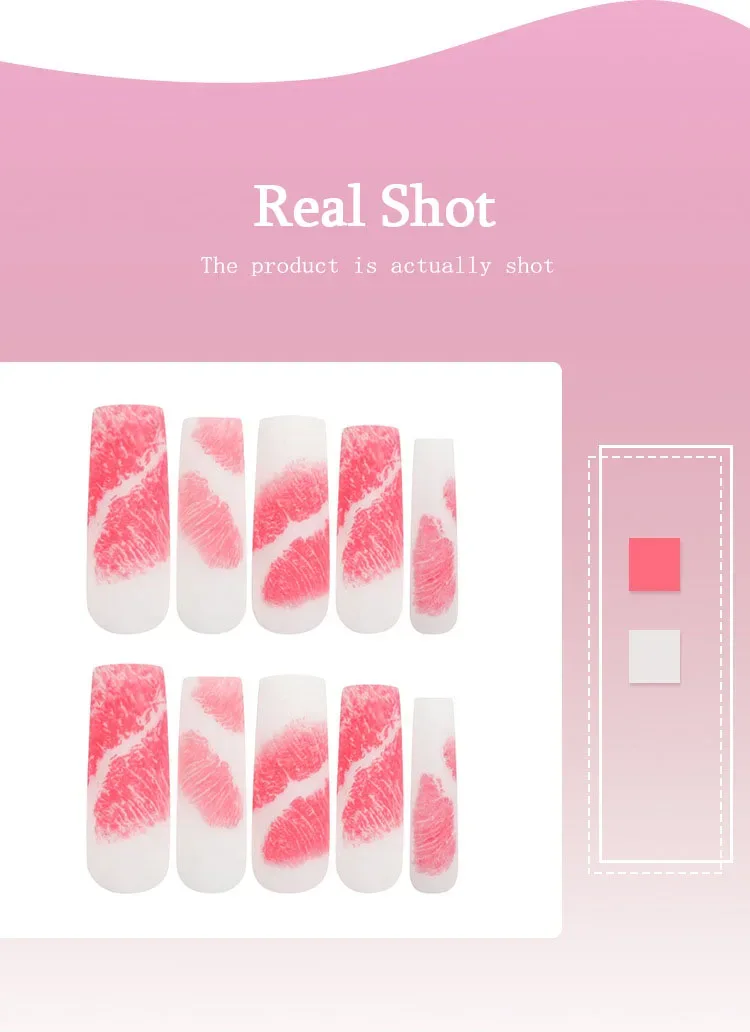 Romantic Red Lips Valentine's Day Wearable Fake Nails Frosted White Detachable Finished False Nails Press on Nails with Glue