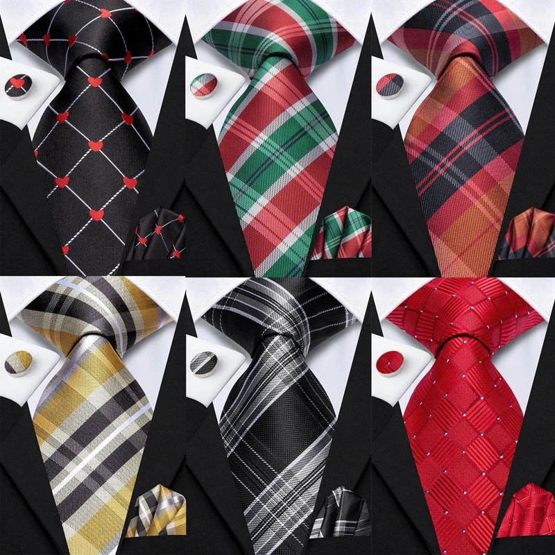 Hi-Tie Black Red Heart Plaids Mens Fashion Necktie Handkerchief Cufflinks for Tuxedo Classic Tie Man Gift Valentine's Day