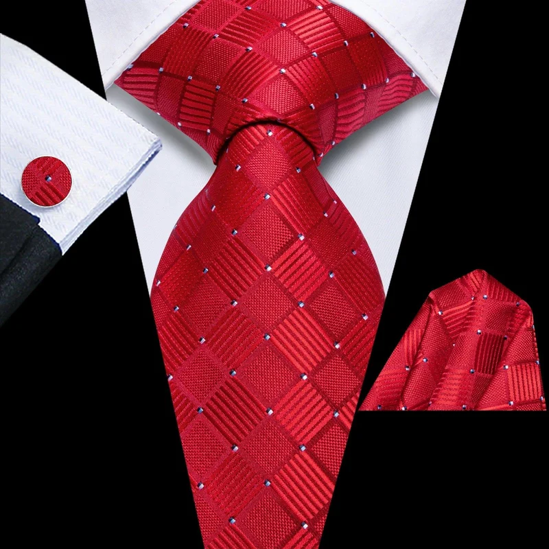 Hi-Tie Black Red Heart Plaids Mens Fashion Necktie Handkerchief Cufflinks for Tuxedo Classic Tie Man Gift Valentine's Day
