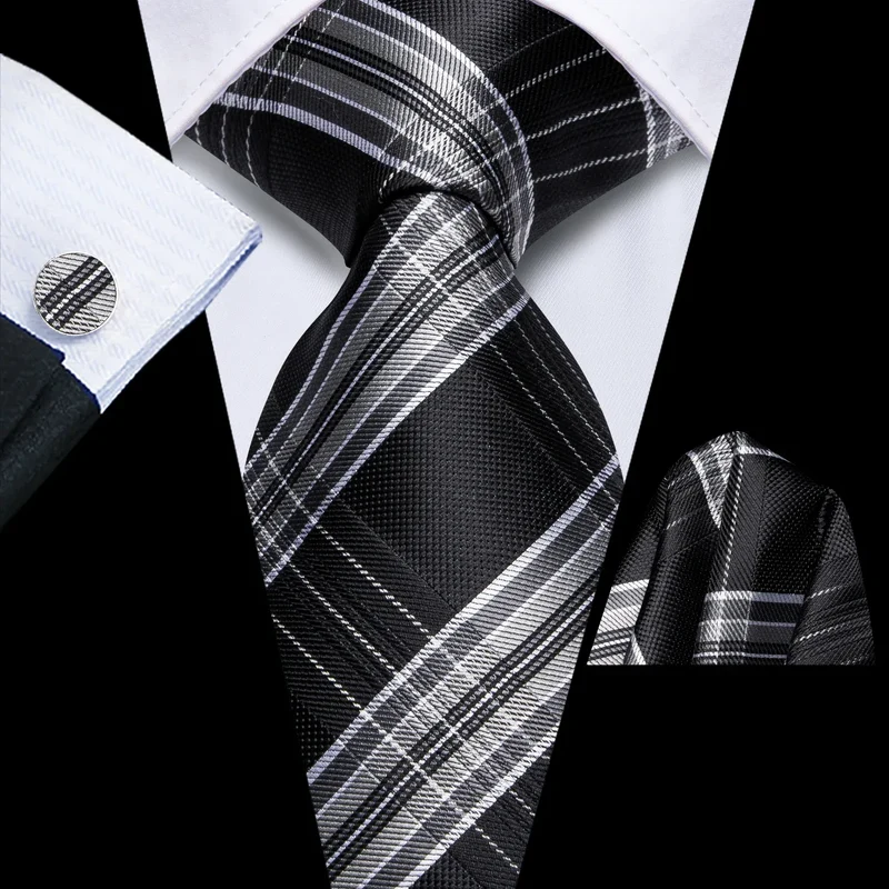 Hi-Tie Black Red Heart Plaids Mens Fashion Necktie Handkerchief Cufflinks for Tuxedo Classic Tie Man Gift Valentine's Day