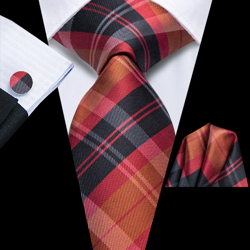 Hi-Tie Black Red Heart Plaids Mens Fashion Necktie Handkerchief Cufflinks for Tuxedo Classic Tie Man Gift Valentine's Day