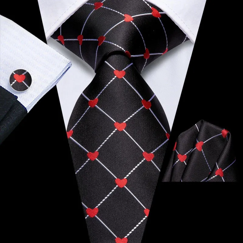 Hi-Tie Black Red Heart Plaids Mens Fashion Necktie Handkerchief Cufflinks for Tuxedo Classic Tie Man Gift Valentine's Day