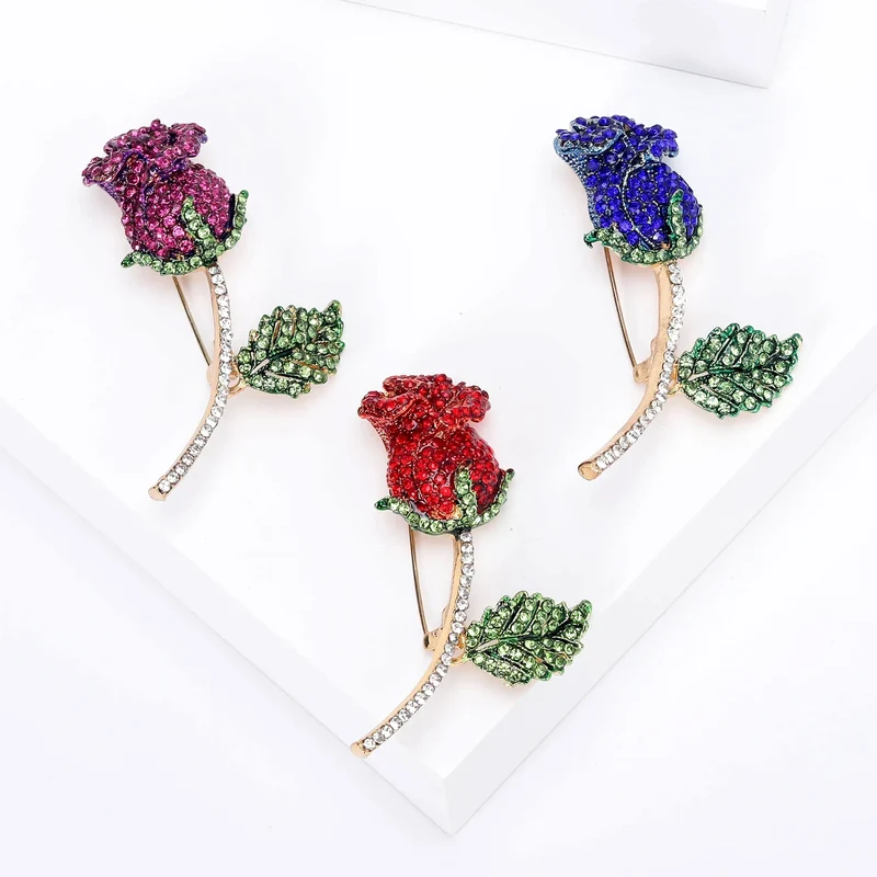 Valentine's Day Enamel Rose Brooches for Women Rhinestone Plant Flower Pins Banquet Party Backpack Gifts Jewelry Accessories