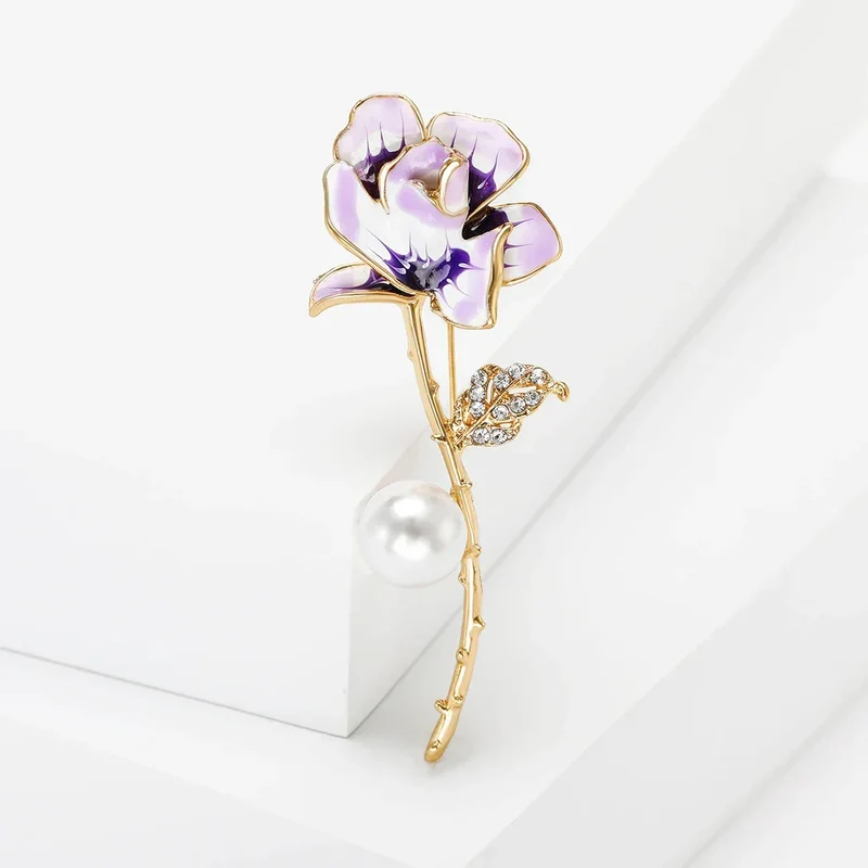 Valentine's Day Enamel Rose Brooches for Women Rhinestone Plant Flower Pins Banquet Party Backpack Gifts Jewelry Accessories