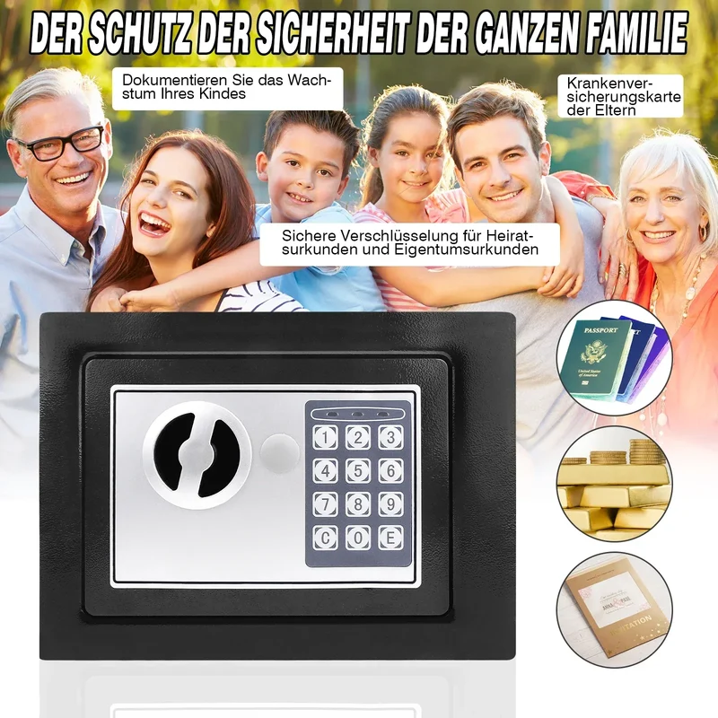 Schwarzer digitaler Safe Wertsachen Dokumentensicherheit Safe Elektronische Tastatur mit Backup-Schlüssel Wandmontage Boden