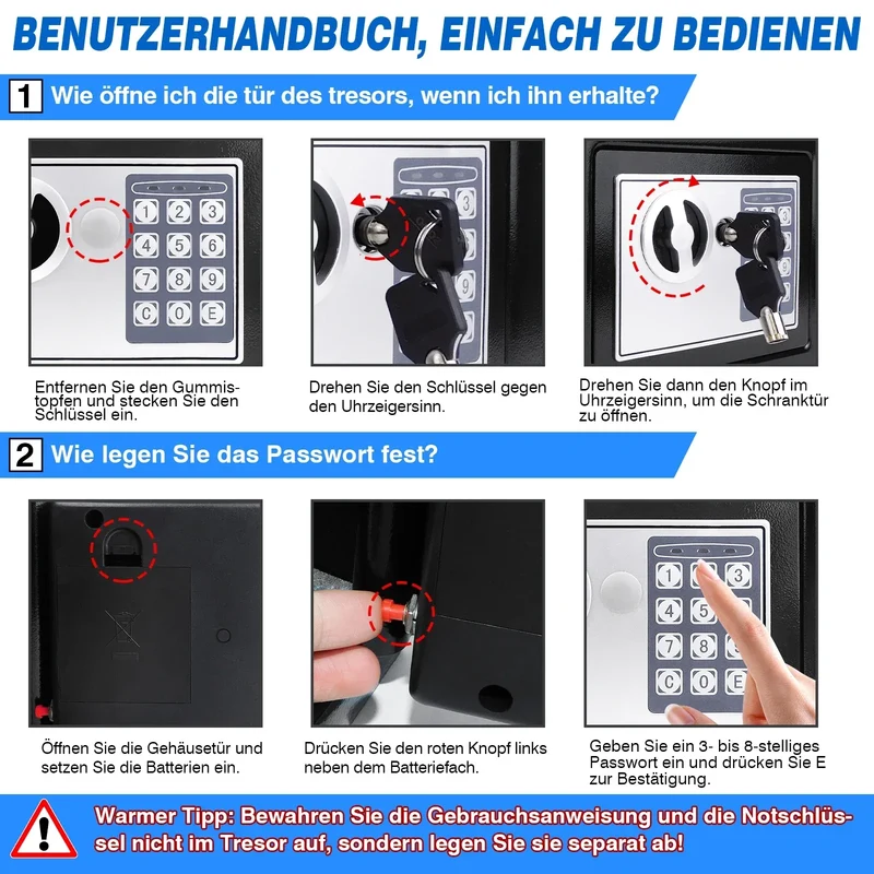 Schwarzer digitaler Safe Wertsachen Dokumentensicherheit Safe Elektronische Tastatur mit Backup-Schlüssel Wandmontage Boden
