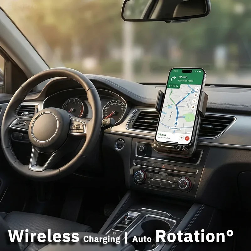 Car Phone Charger Phone Holder 15W Wireless & Wired Charger Auto Sensing One-Touch Release and Rotation Qi FCC ROHS Certified