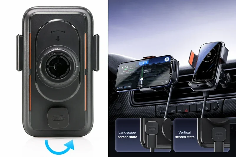 Car Phone Charger Phone Holder 15W Wireless & Wired Charger Auto Sensing One-Touch Release and Rotation Qi FCC ROHS Certified
