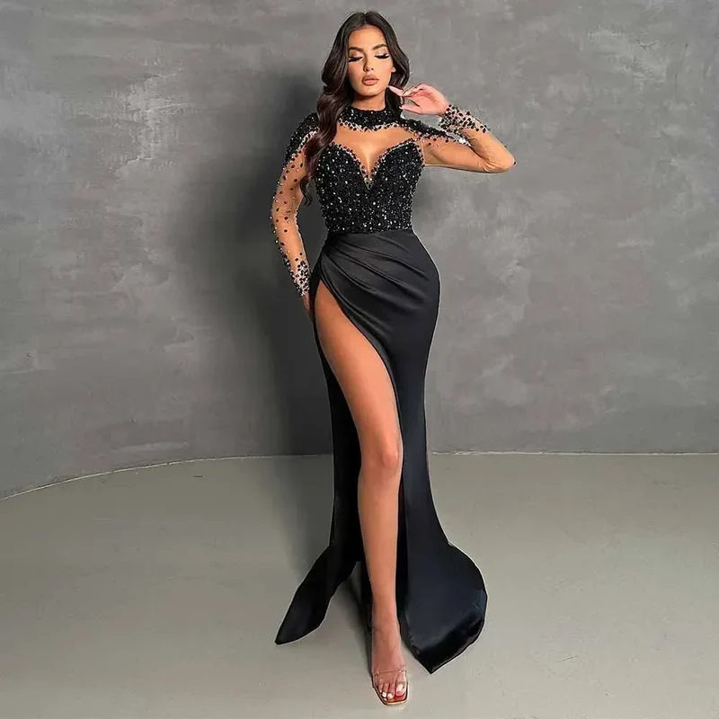 Luxurious Women's Evening Dresses Satin Mermaid/Trumpet Valentine's Day Dress Black High Collar Pearls Pleat Split Party Dress
