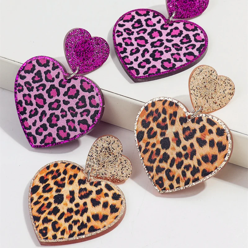 New Purple Glitter Leopard Heart Acrylic Dangle Earrings for Women Trendy Love Hanging Earring Jewelry Valentine's Day Gifts