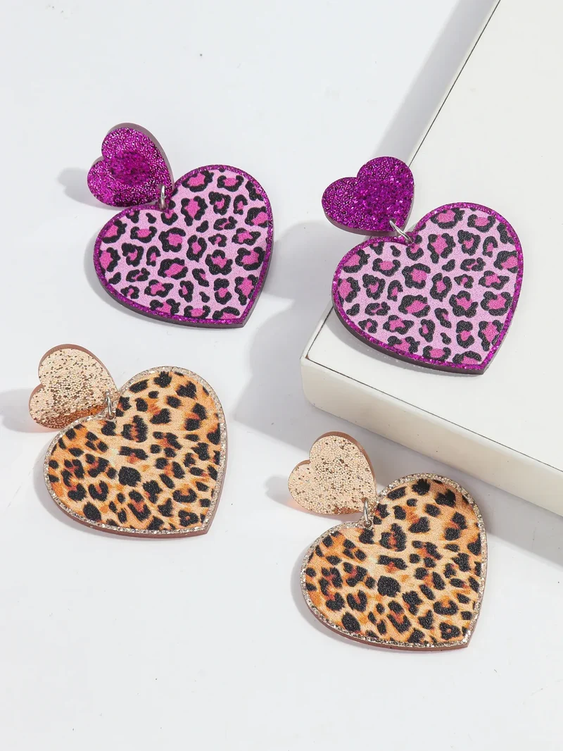 New Purple Glitter Leopard Heart Acrylic Dangle Earrings for Women Trendy Love Hanging Earring Jewelry Valentine's Day Gifts