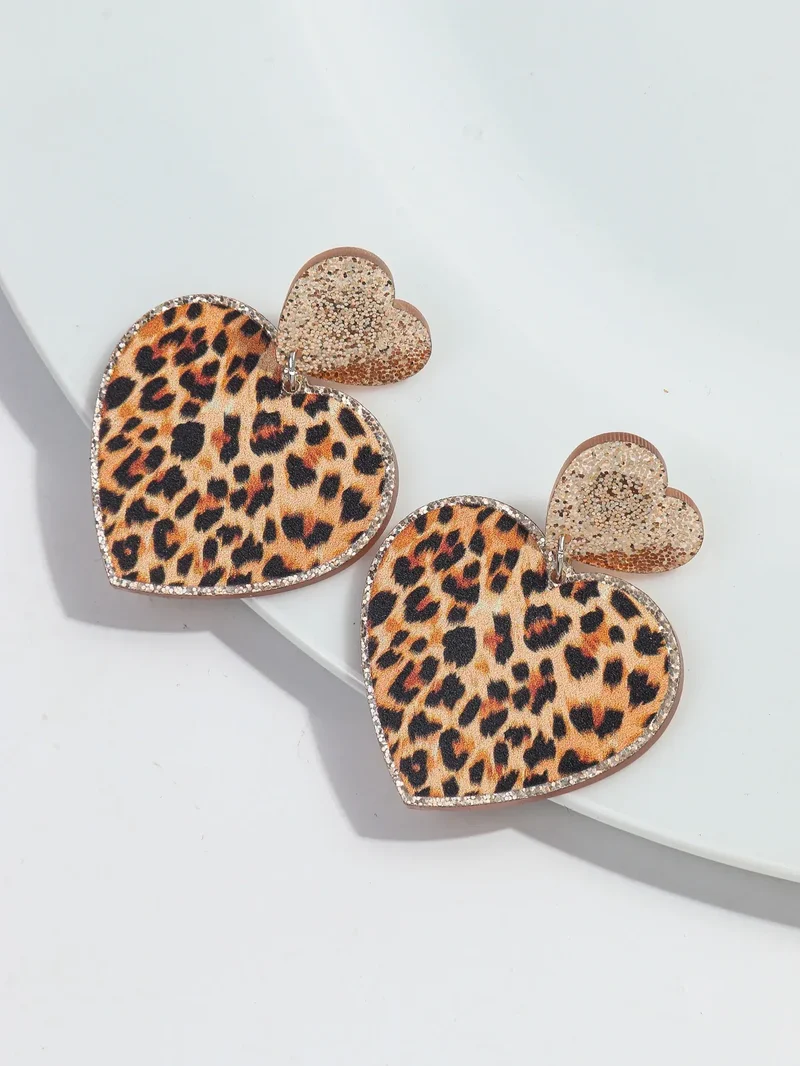 New Purple Glitter Leopard Heart Acrylic Dangle Earrings for Women Trendy Love Hanging Earring Jewelry Valentine's Day Gifts