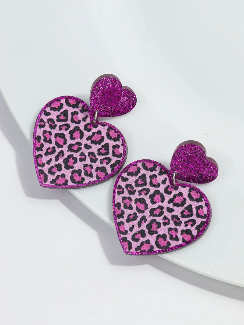 New Purple Glitter Leopard Heart Acrylic Dangle Earrings for Women Trendy Love Hanging Earring Jewelry Valentine's Day Gifts
