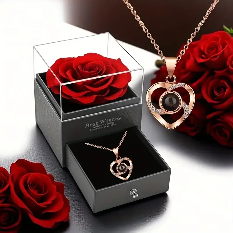 Eternal Red Rose Gift Box with Golden Heart Necklace - Anniversary, Valentine's Day,Mother'S Day , Christmas,Birthday Present