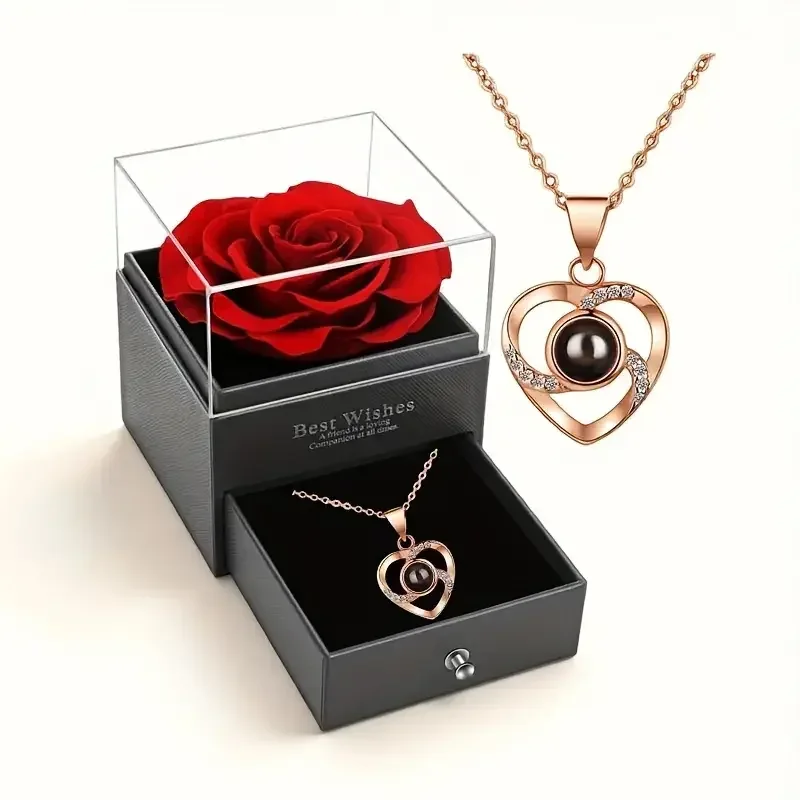 Eternal Red Rose Gift Box with Golden Heart Necklace - Anniversary, Valentine's Day,Mother'S Day , Christmas,Birthday Present