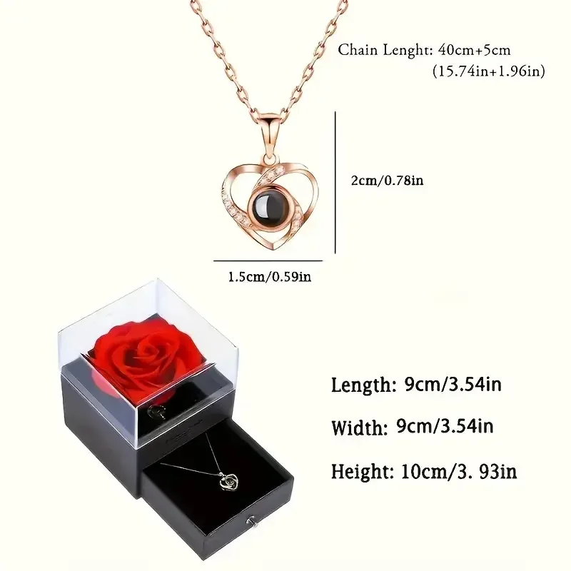 Eternal Red Rose Gift Box with Golden Heart Necklace - Anniversary, Valentine's Day,Mother'S Day , Christmas,Birthday Present