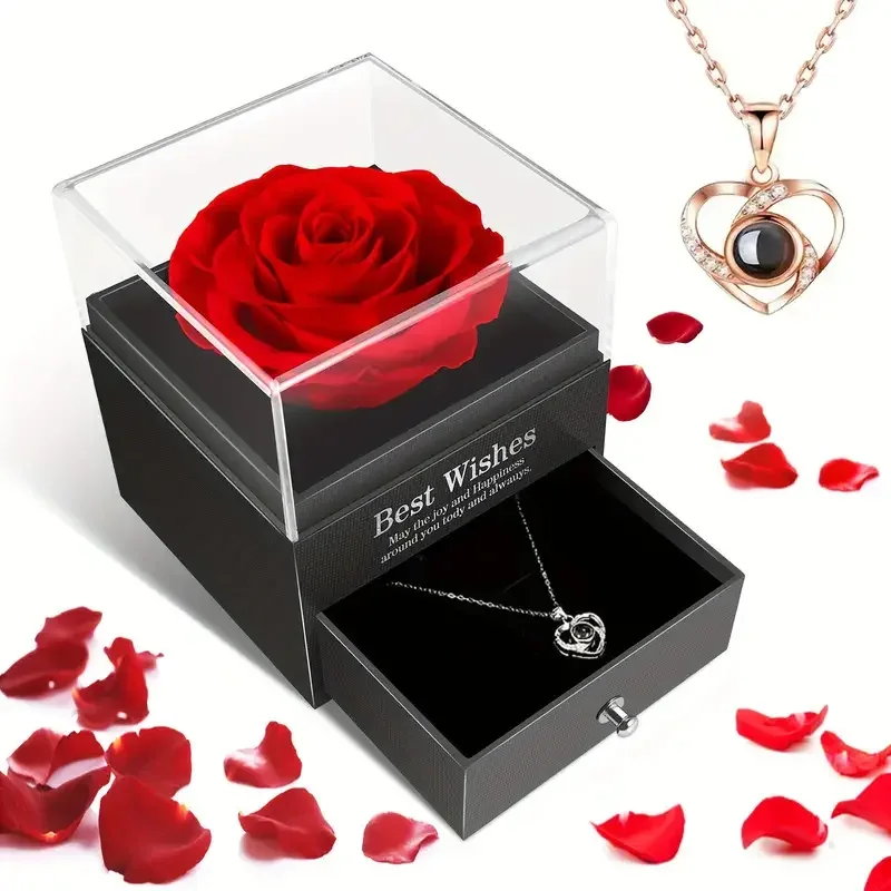 Eternal Red Rose Gift Box with Golden Heart Necklace - Anniversary, Valentine's Day,Mother'S Day , Christmas,Birthday Present